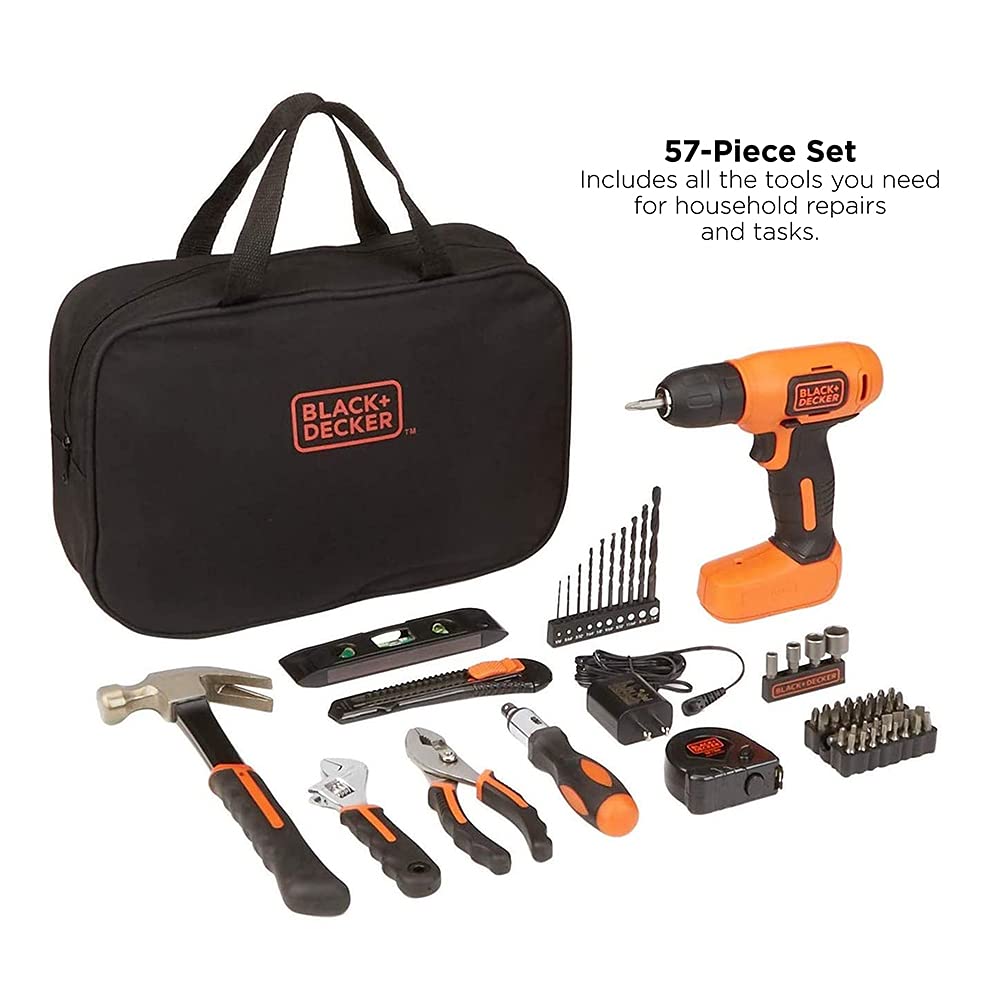 BLACK+DECKER 8V MAX 57-Piece Cordless Drill and Household Tool Kit for Home with Tool Storage Bag (BDCD8PK)
