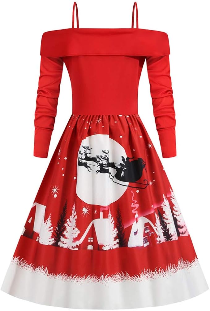EUCoo Women's Christmas Dress Vintage 50s Chic Winter Long Sleeve
