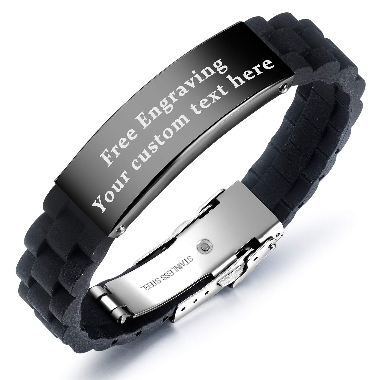 GAGAFEEL Custom Engraved Bracelet for Men Women Silicone Stainless Steel ID Cuff Personalized Love Gift (Customized-Black)