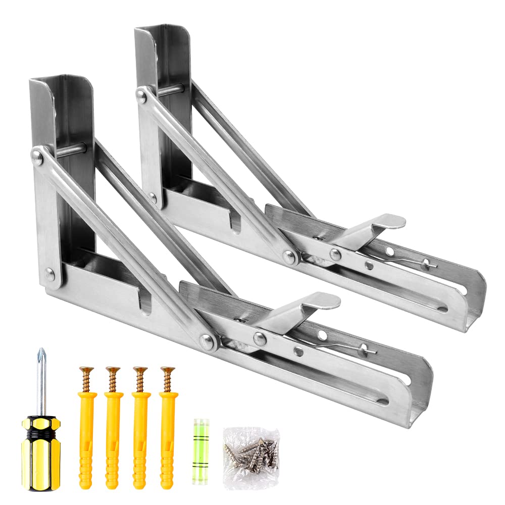 Oudtinx 2PCS Folding Shelf Brackets,Heavy Duty Triangle Shelf Bracket for Bench Table,Wall Mounted Standing Shelf Brackets for Saving Place,Multi Size 8" Sliver