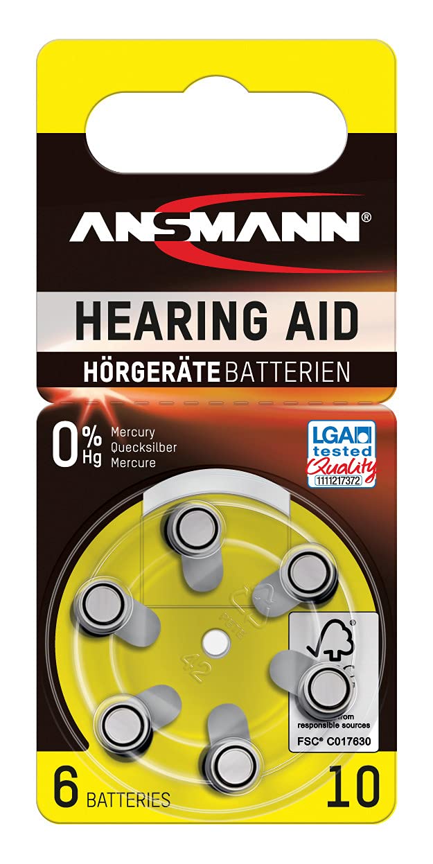 Ansmann 5013223 Hearing Aid Batteries [Pack of 6 Cells] Size 10 Yellow Zinc Air Hearing-Aid Suitable for Hearing Aids, Sound Amplifier - 1.45V Mercury Free