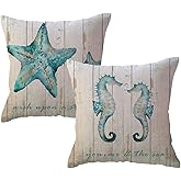 ULOVE LOVE YOURSELF Summer Ocean Theme Throw Pillow Covers Wood Grain Starfish Hippocampus with Quotes Nautical & Coastal Decorative Pillowcases Beach House Decor Cushion Covers 18×18 Inch,Set of 2