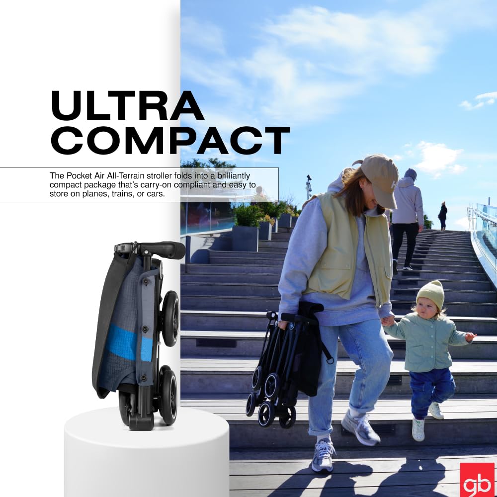 gb Pockit Air All Terrain Ultra Compact Lightweight Travel Stroller with Breathable Fabric in Night Blue, 28x17.5x39.8 Inch (Pack of 1)