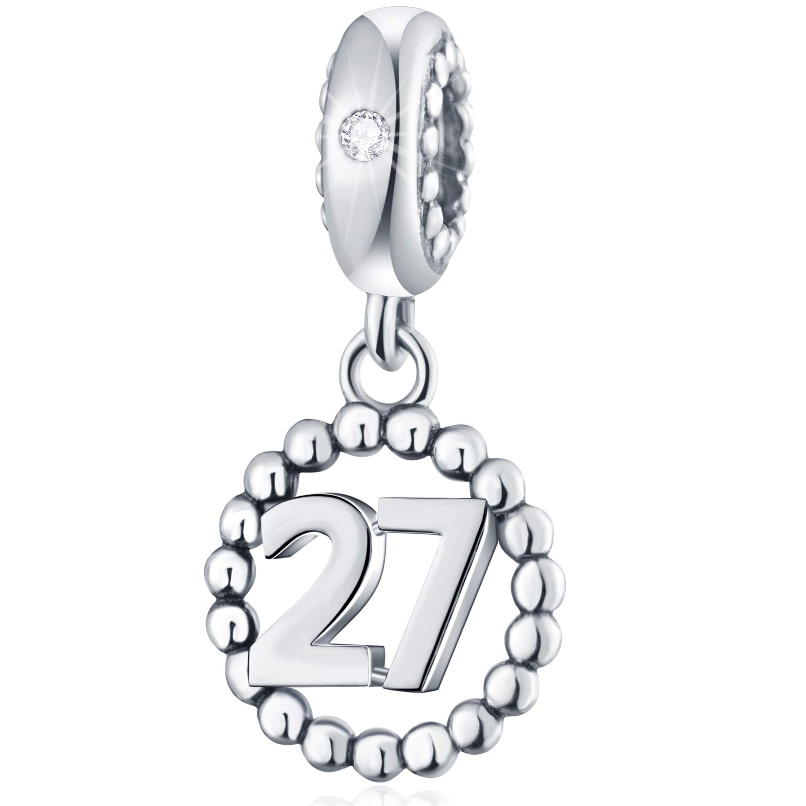 27 Number Bracelet Charms, 925 Sterling Silver Pendant Beads Fit Pandora Charm Bracelets, Necklace, and European Snake Chain, Dangle for Happy Birthday 27th Anniversary 27 Years