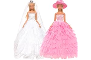 BARWA White Wedding Dress with Veil and Princess Evening Party Clothes Wears Gown Dress Outfit with Hat for 11.5 Inch Girl Doll