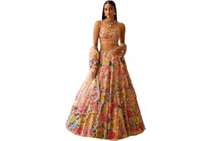 Yellow Embroidered Floral Lehenga Choli Set, Net Fabric,Traditional Indian Bridal Wear,Party Wear, Wedding Wear Outfit