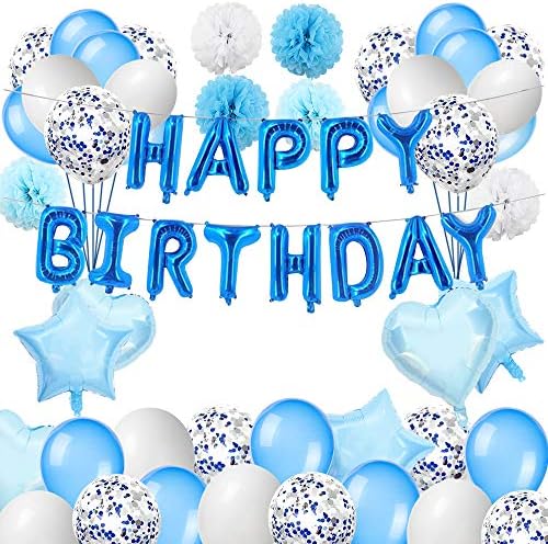 Puselo Birthday Decorations Boy Blue Happy Birthday Balloons Banner Star Foil Balloons Confetti Latex Balloons Pom poms Tissue Flowers Blue Party Decorations