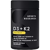 Sports Research Vitamin D3 + K2 with 1000iu of Plant-Based D3 & 120mcg of Vitamin K2 as MK-7 Non-GMO Verified & Vegan Certifi