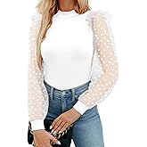 WAYMAKER Women's Mock Turtle Neck Polka Dot Sheer Mesh Puff Long Sleeve Bodysuit Blouses Tops Shirts