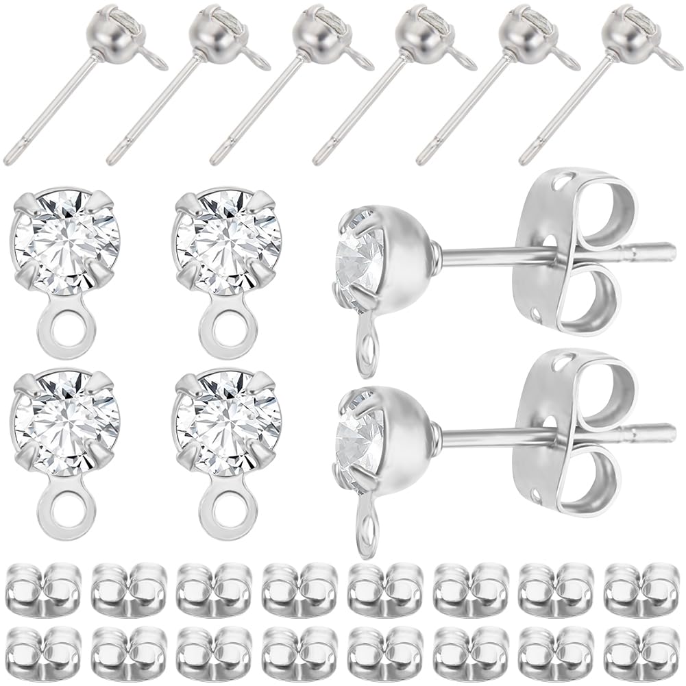 Beebeecraft 1 Box 40Pcs Platinum Plated Earring Findings Cubic Zirconia Post Stud Earrings with Loop and 40Pcs Butterfly Earring Backs for DIY Earring Jewellery Making