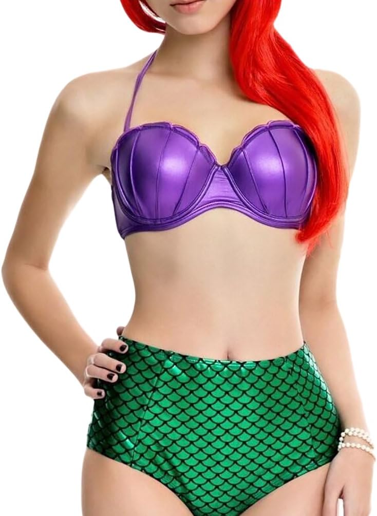 MissFox Womens High Waist 2 Piece Swimsuits Bikini Mermaid Tail Swimsuit