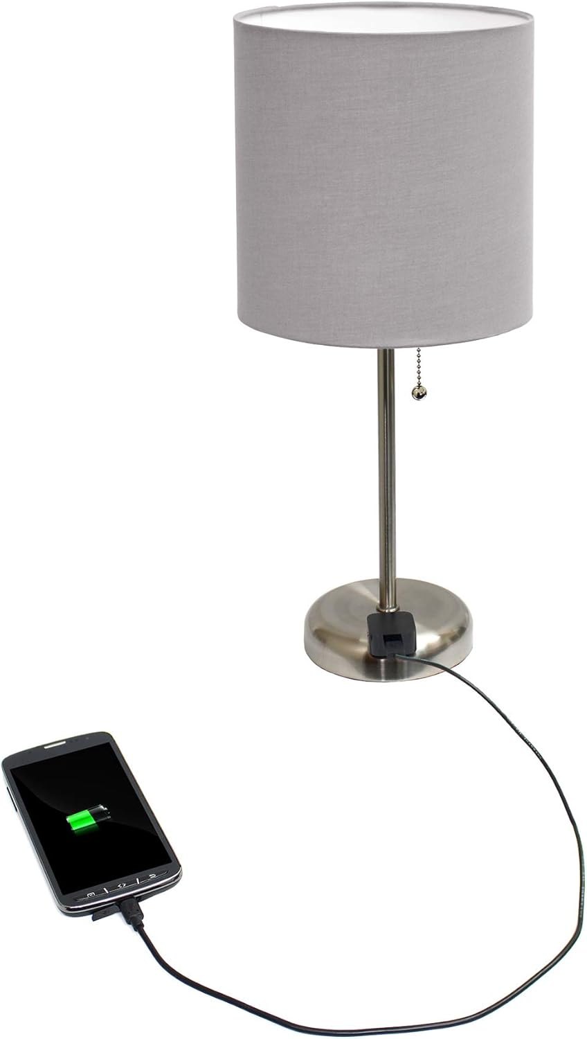 Limelights LT2024-GRY Brushed Steel Lamp with Charging Outlet and Fabric Shade, Grey - - 