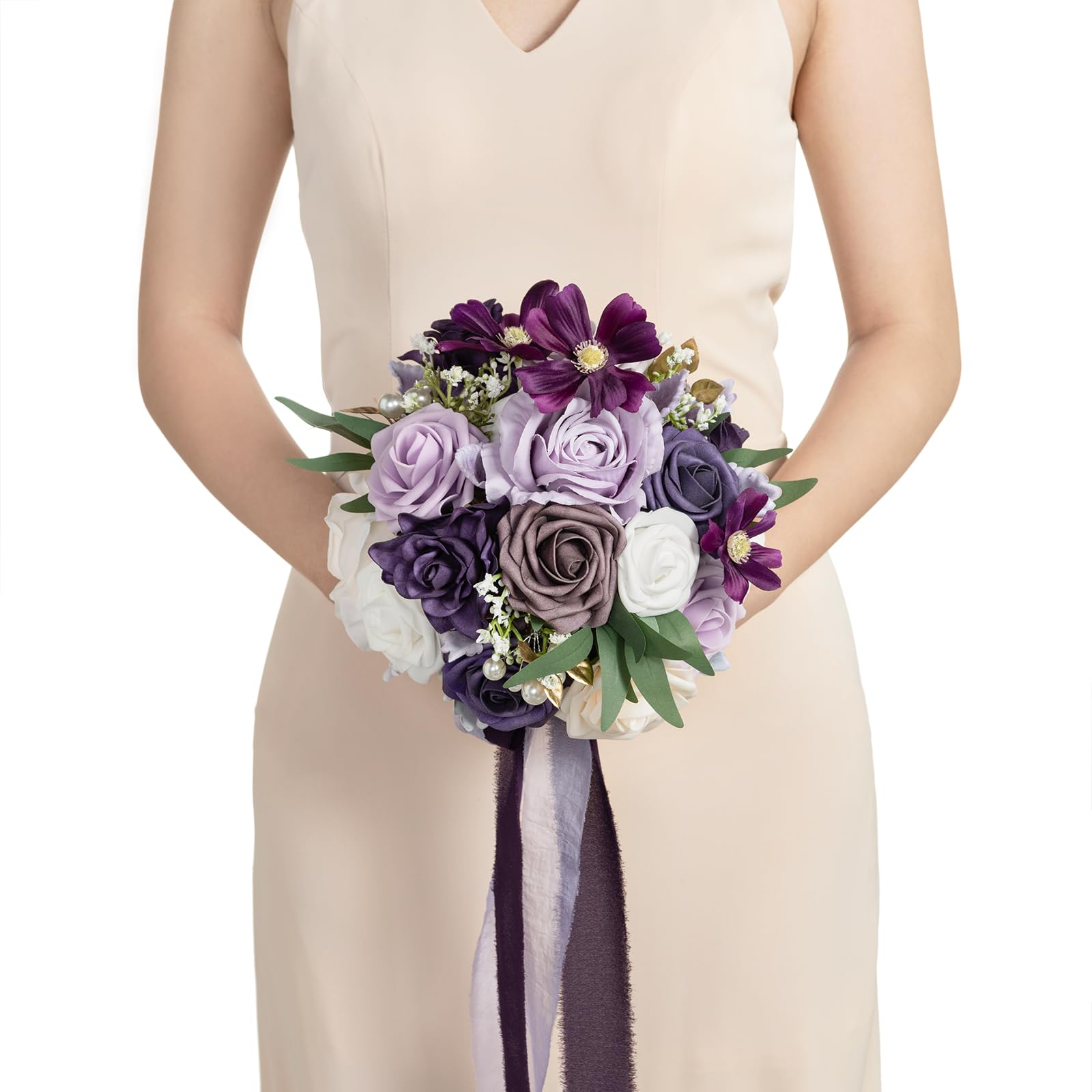 Photo 1 of Ling's Moment Purple Bridal Bouquet for Bride, Lilac Wedding Bouquets for Bride Maid of Honor Bridesmaid, 9 Inch Silk Round Artificial Wedding Flowers Bouquets, Small Bridesmaid Bouquet