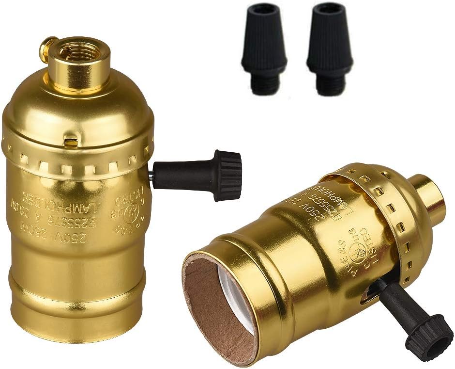 Onite 2pcs E26 Type 1/8 inch Pipe Thread US-Standard Screw 3-Way Basic Metal Lamp Socket, Gold