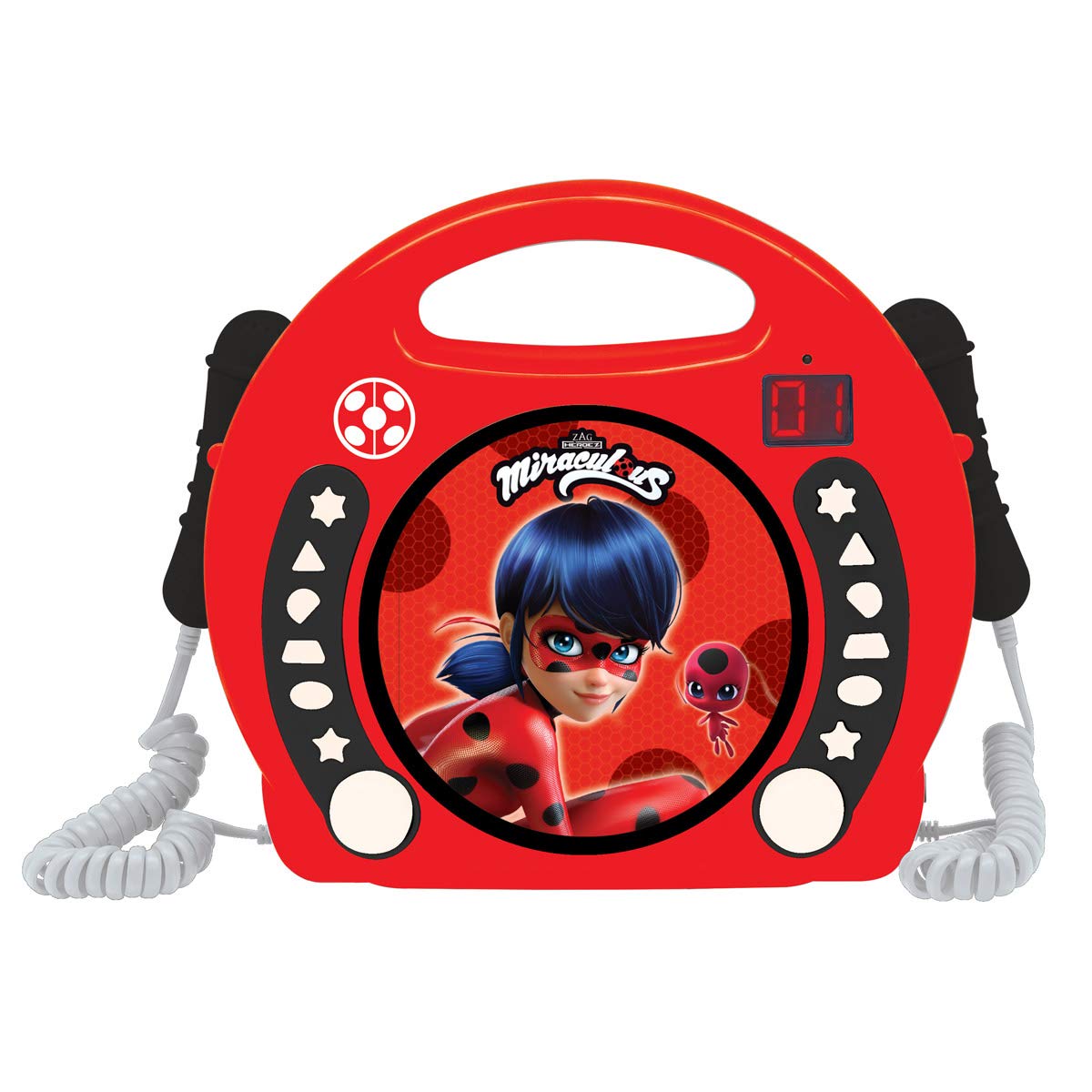 Lexibook, Miraculous Ladybug Cat Noir, Portable CD player with Microphones, Music Player, Repeat and Programming, Karaoke, Headphones jack, Red, RCDK100MI