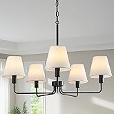 Black Chandeliers for Dining Room 30” Bedroom Light Fixture with White Fabric Shade 5-Light Modern Farmhouse Chandelier Adjus
