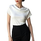 Mettclasi Women's Silk Satin Cowl Neck Short Sleeve Top, Elegant Dressy Casual Summer Blouse Shirt Solid T-Shirt