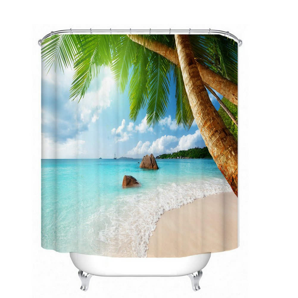 Fangkun Palm Tree Shower Curtain Decor Set - Palm Trees on Tropical Island Beach Panoramic View Picture Print - Polyester Fabric Bathroom Bath Curtains with Hooks - 72 x 72 inches