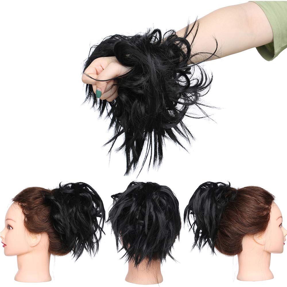 Silk-co Scrunchy Scrunchie Curly Hairpieces Messy Hair Bun Chignons Wavy Donut Updo Synthetic Hair Extensions 45g Jet Black