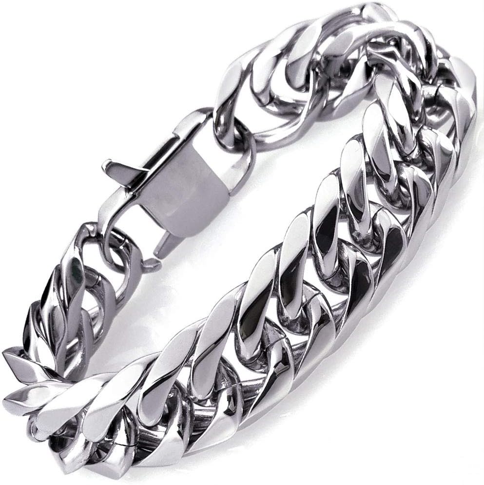B255 Heavy Mens Bracelet 316L Stainless Steel Hight Polished Silver Color or Gold Tone Double Curb Link