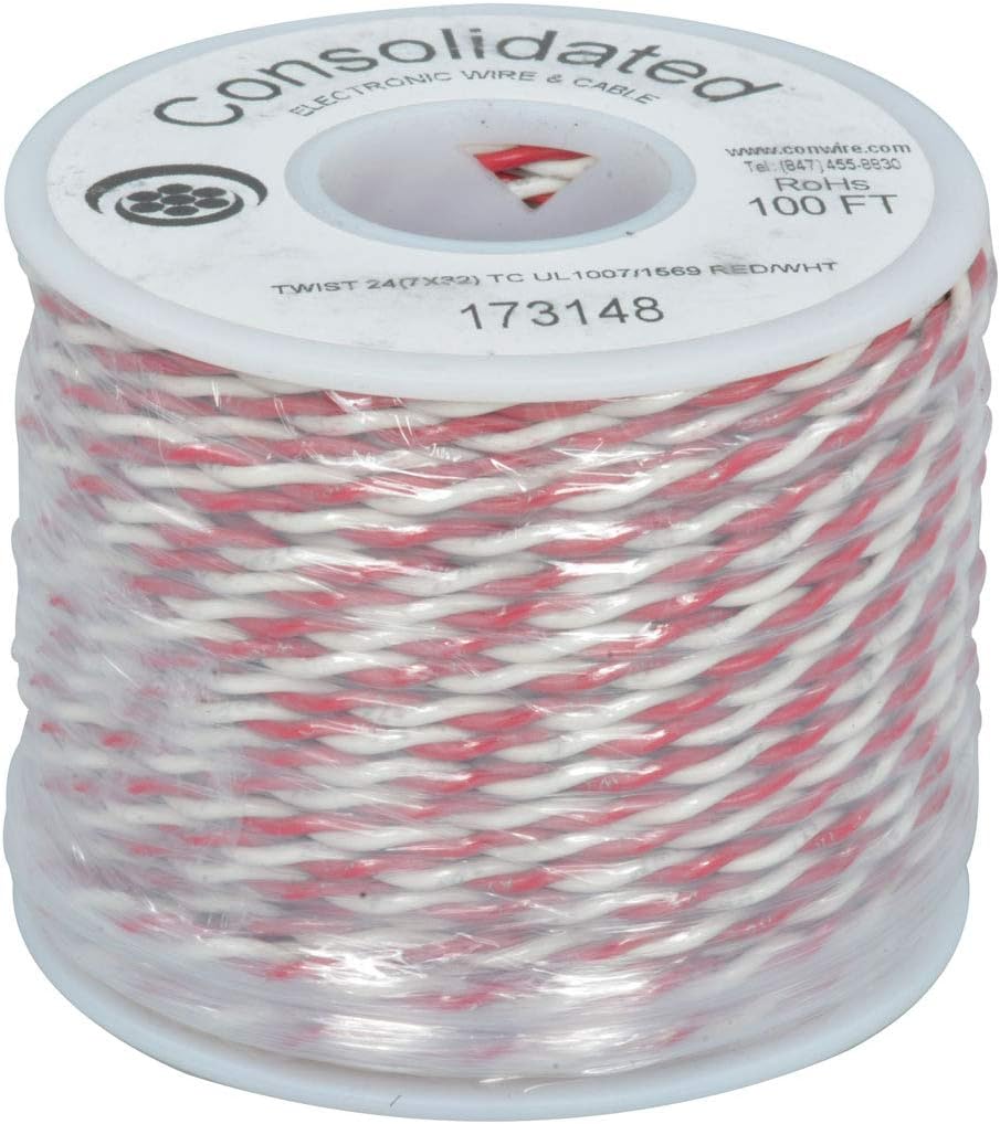 Jameco Valuepro 224RW/C Twisted Paired Hook-Up Cable, 24 AWG, Stranded Wire, 100' Size, Red/White
