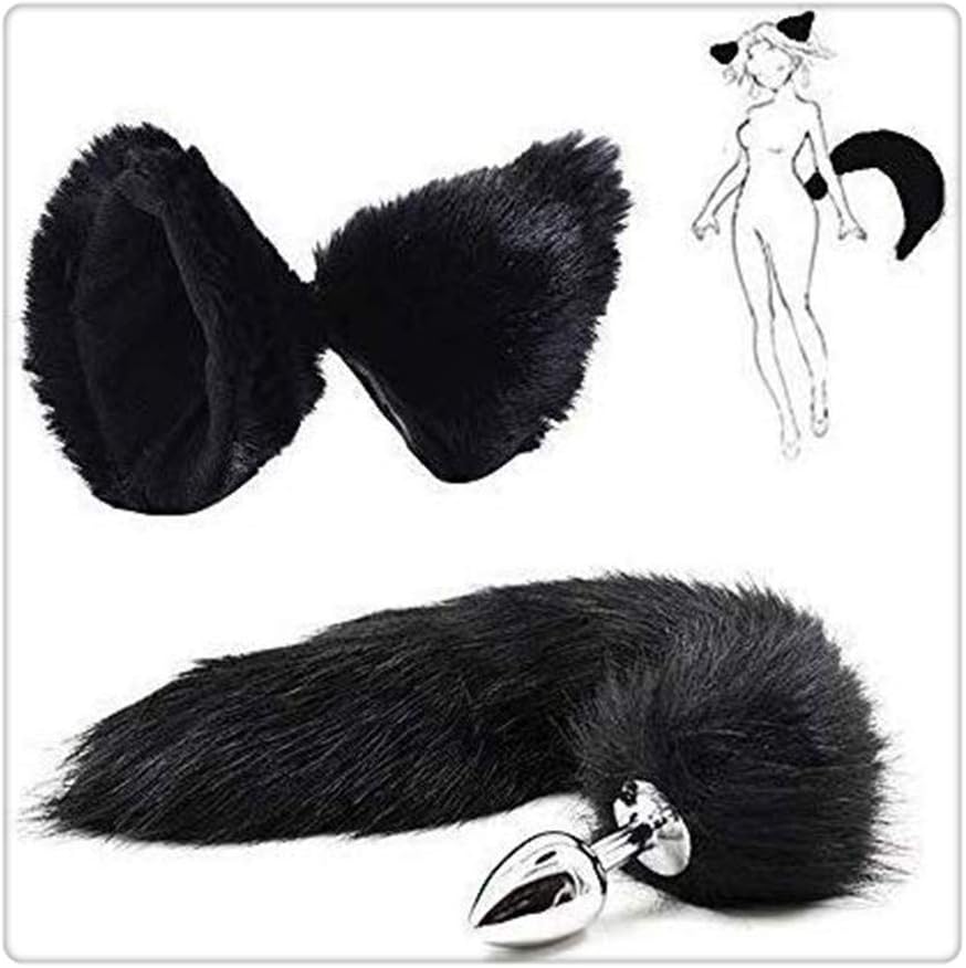 Halloween Party Toys Role Play B-ütt P-l-ǔ-g Fox Tail, Hǎndcǘffs, Ears Headband, 3Pcs (Black, S)