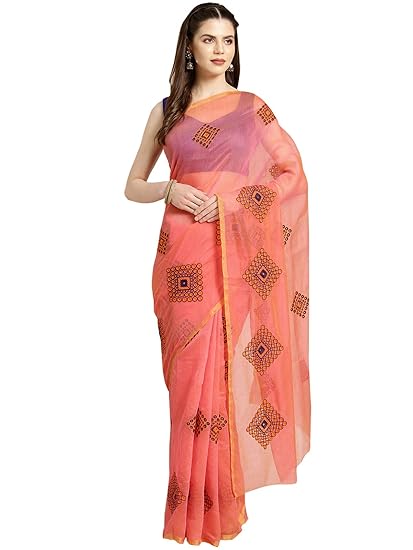 Poly Cotton Peach Embroidered Womens Saree with Tassels