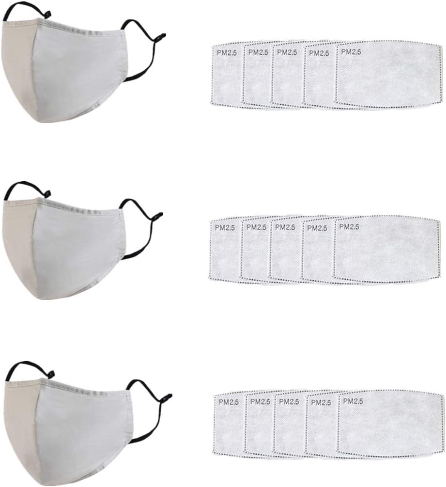 Reusable Mouth Mask with 15Pcs PM2.5 Replaceable Filters,Cotton Face Mask for Walking Camping Travel Man Women(3Packs Masks with 15Pcs filters)