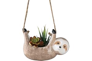 ABETREE Ceramic Smiling Sloth Hanging Planter Cute Flower Pot for Indoor Plants Succulent Planter Hanger Plant Holder with Jute Rope Desk Planter Home Decor