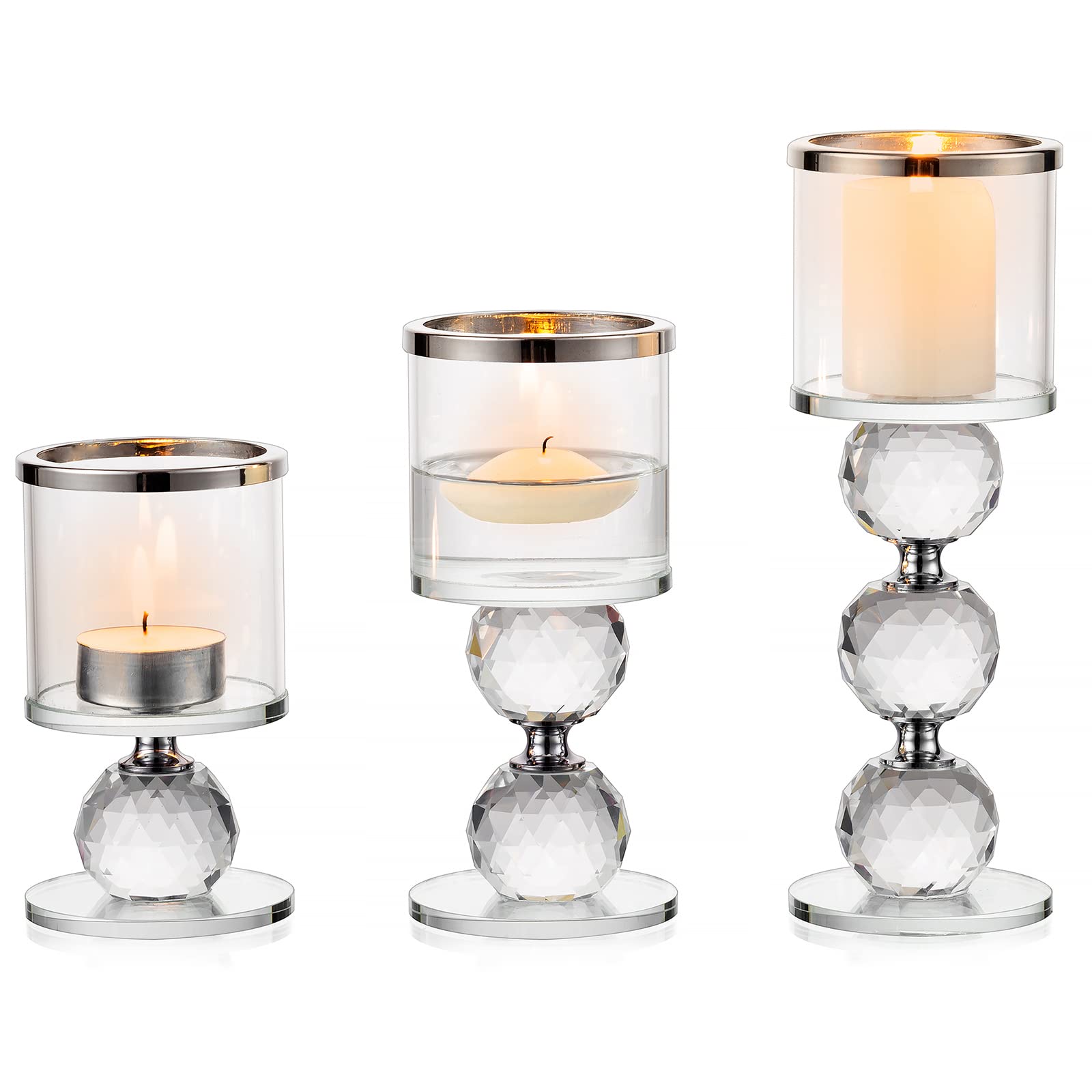 Sziqiqi Crystal Pillar Candle Holder Set of 3, Clear Glass Candlestick Holders Tealight Candle Stand Candlelight Dinner Table Centerpiece for Wedding Gifts Mantlepiece Fireplace Decoration, Silver Rim