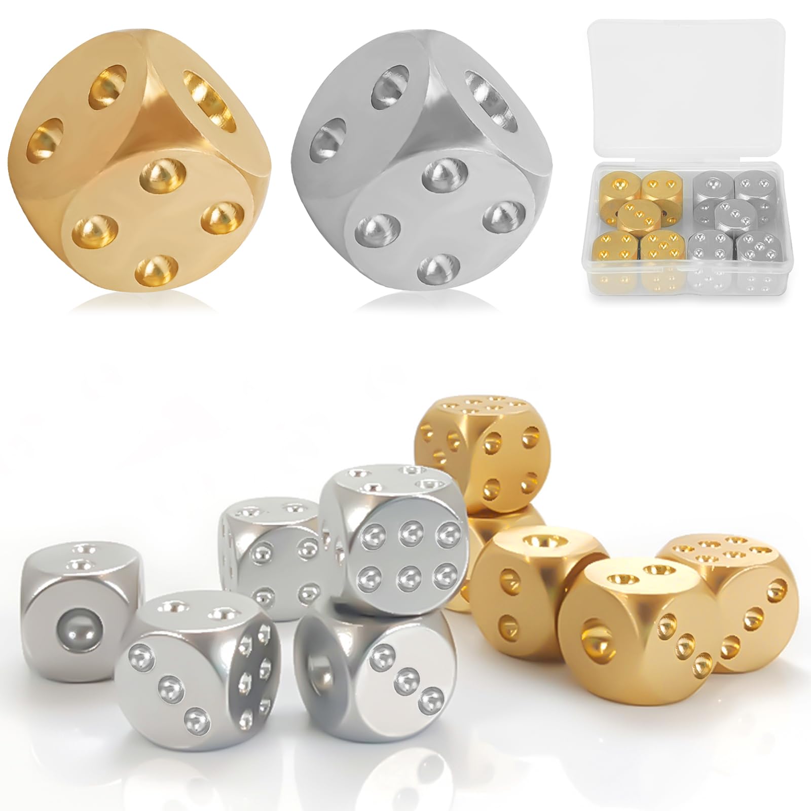 10 Pieces Metal Dice Sets, Aluminum/Copper Dice, Six Sided Dice Game Cubes, Standard D6 Round angle Dice, 15mm (Gold,Silver)