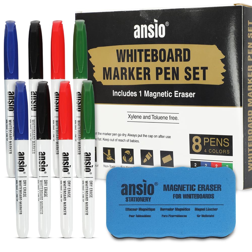 ANSIO Whiteboard Pens, Whiteboard Markers Set with Magnetic Eraser, White Board Markers, (8 White Board Pens set + Eraser)