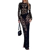 ZGMYC Women's Elegant Floral Lace Maxi Dress Sexy See Through Long Sleeve Evening Dress Party Cocktail Dress Beach Cover Ups