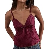 Women Y2K V Neck Cami Lace Trim Bow Front Ruffle Hem Sleeveless Backless Top Solid Color Slim Fit Casual Vest