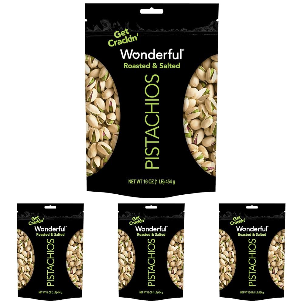 Wonderful Pistachios In Shell, Roasted and Salted Nuts, 16 Ounce Resealable Bag, Healthy Snack, Protein Snack, Pantry Staple (Pack of 4) Image