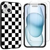 lioscre Checkered Phone Case for iPhone 13 / iPhone 14 6.1" Case with 2 Pack Tempered Screen Protector, Cute Checkerboard Pattern Design Funda Shockproof TPU Soft Matte Cover for Women Girls, Black