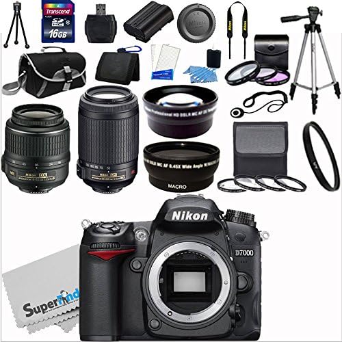 Nikon D7000 16.2MP DX-Format CMOS Sensor Digital SLR Camera (Black) Import Model with 18-55mm f/3.5-5.6G AF-S DX VR and 55-200mm f/4.5-5.6G ED VR AF-S DX NIKKOR Zoom Lenses + Wide Angle + Telephoto + Full 32GB Deluxe Accessory Bundle