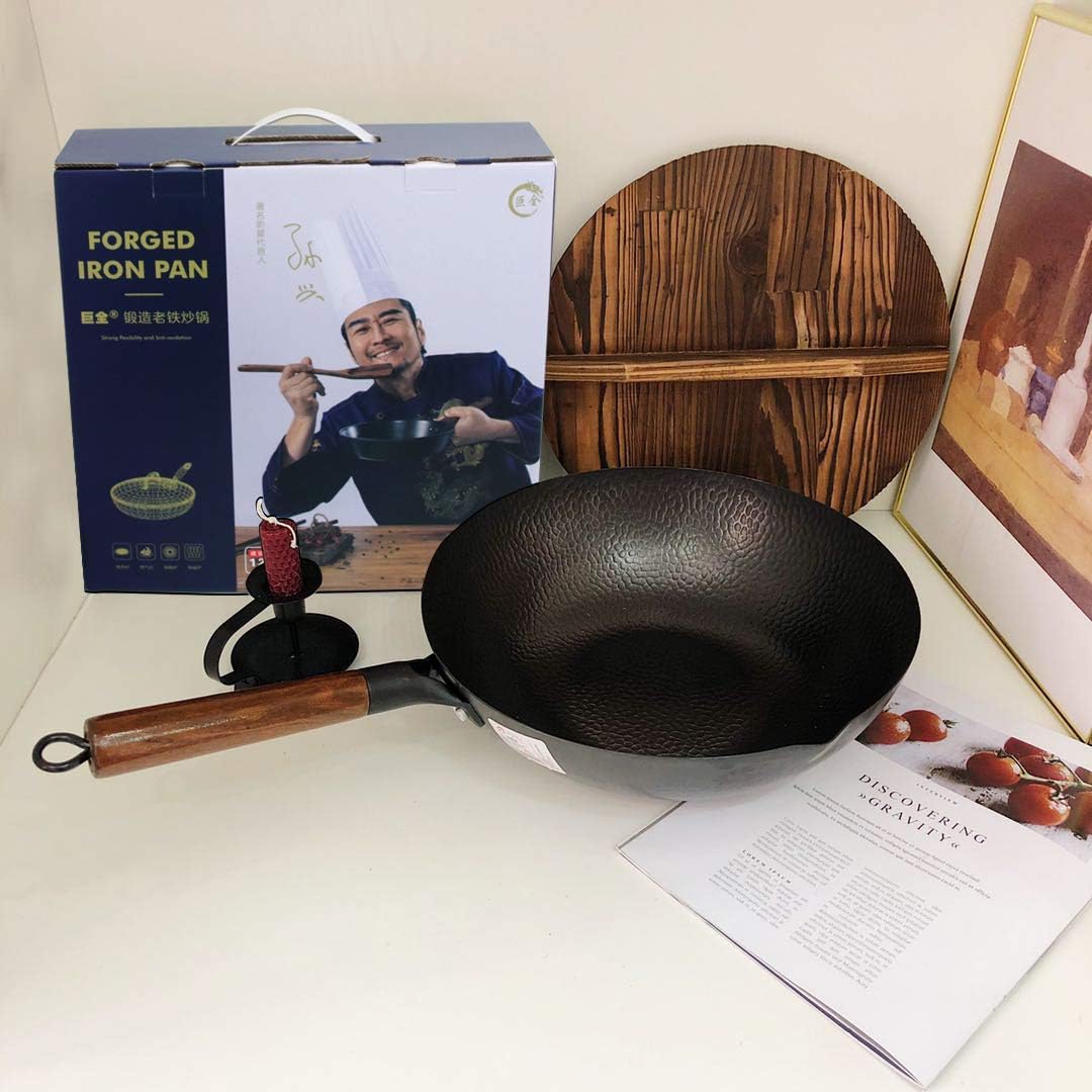 Misaspera Wok Pan Woks and Stir Fry Pans with lid, Carbon Steel Wok with Cookware Accessories。Wok for all Stoves 。 12.5