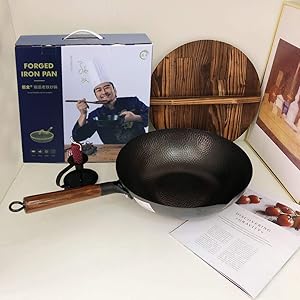 Misaspera Wok Pan Woks and Stir Fry Pans with lid, Carbon Steel Wok with Cookware Accessories。Wok for all Stoves 。 12.5