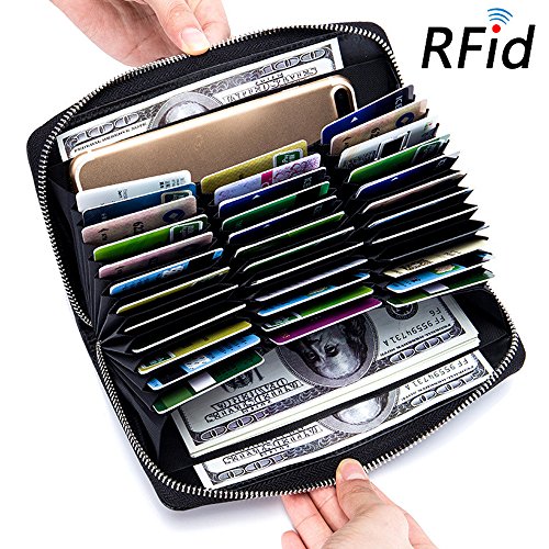 Credit Card Wallet Leather RFID Card Case Wallet for Women Huge Storage Capacity (Black)