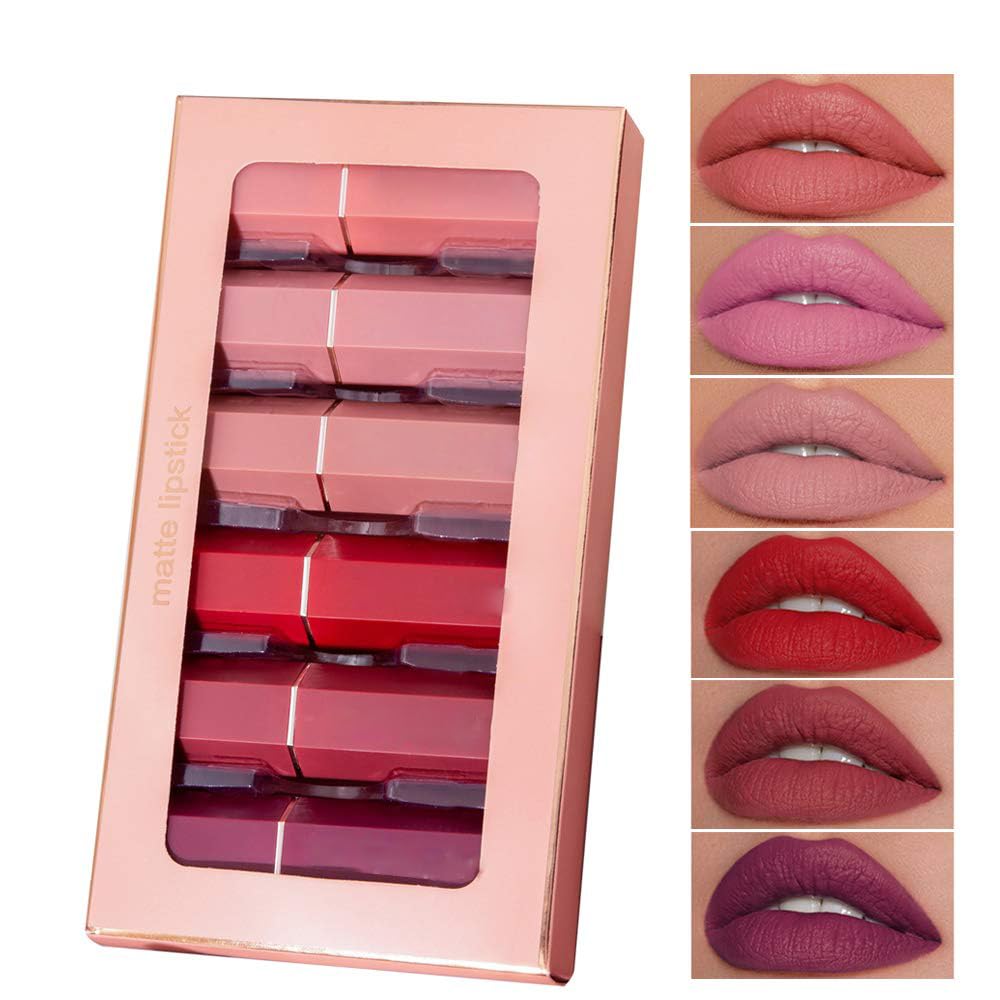 6 Pack Matte Lipsticks Set Velvety Red Lipstick Kit Waterproof Long Lasting Smoothing Non-stick Cup Sexy Colors Lipsticks with Gift Box