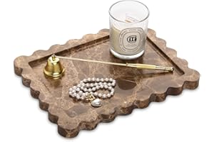 HESHIBI Scalloped Marble Decorative Tray,Luxury Natural Stone Bathroom Vanity Tray, Dresser Top Perfume Coffee Home Kitchen Toilet Sink Tray, Key Trinket Ring Tray (Light Emperador, 10.8 * 8)