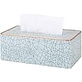 Leather Tissue Box Holder - Waterproof Rectangular Tissue Box Cover Vintage Napkin Paper Holder for Home,Office&Car Decor (Sky Blue+Golden Rim)