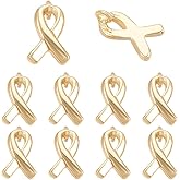 BENECREAT 10pcs Real 18K Gold Plated Awareness Ribbon Charms, Breast Cancer, Brass Hope Awareness Pendant Charms with Loop for Jewelry Making, DIY Craft Supplies, 9x5x1mm