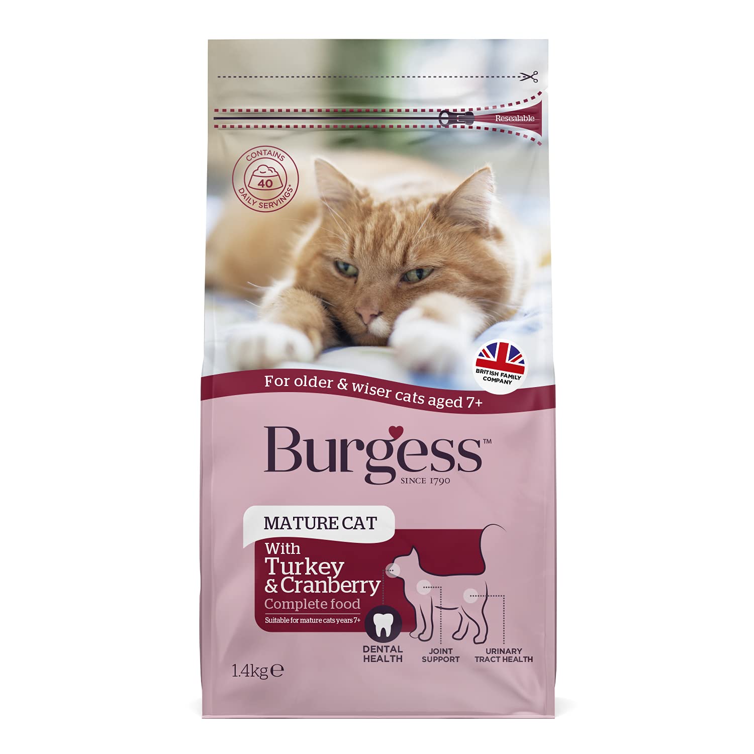 Burgess Dry Cat Food for Senior Cats with Turkey and Cranberry, 1.4 kg