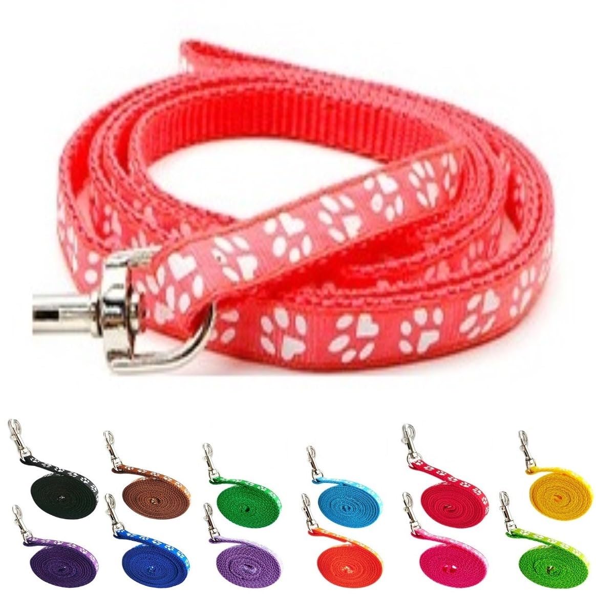 Small Dog Puppy Pet Cat Kitten Lead Pawprint Design Lightweight Nylon Metal Clip 120cm Leash Coral Red Watermelon