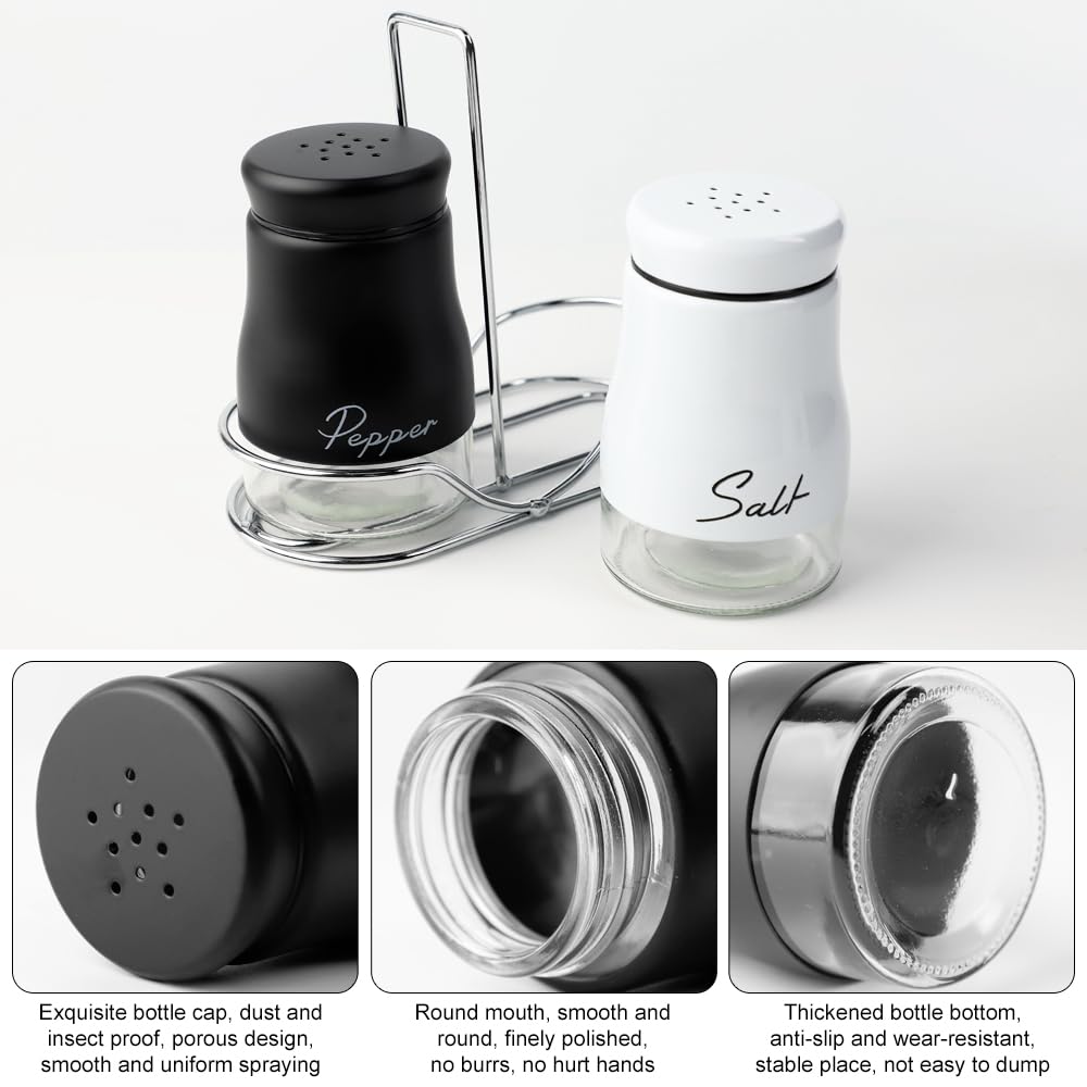 Fyfjur Salz und Pfefferstreuer Set, Salzstreuer mit Halter und Silikontrichter, Edelstahl und Glas Salz Pfefferstreuer für Gewürze 3