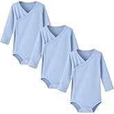 ACESTAR Baby Boy Girl Side Snap Bodysuits - 100% Cotton Plain Long Sleeve Baby Kimono for Newborn-12 Months, 3 Pack