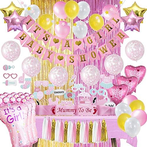 Baby Shower Decorations For Girl | ALL-IN-1 MEGA Bundle! | Pink & Gold Girls Set | Discount Direct Baby Shower Decorations - With Table Cover for Party | Pink Foil Curtain, Marble, Confetti, Heart & Star Shaped Balloons, 25 Piece Photo Props, "Mummy To Be" Sash, "Baby Shower" & "Its A Girl" Banners & Much MORE! High Quality|
