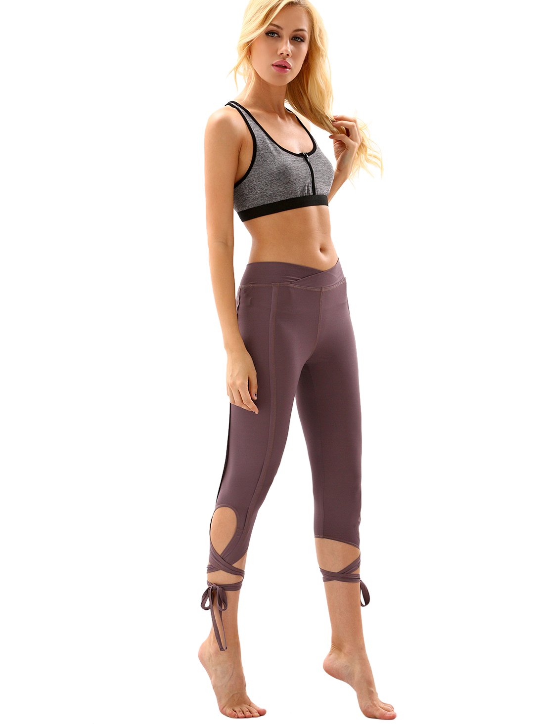 SweatyRocks Women Legging Cutout Tie Cuff Slim Yoga Pants Jogger Workout Tights, Purple, Large